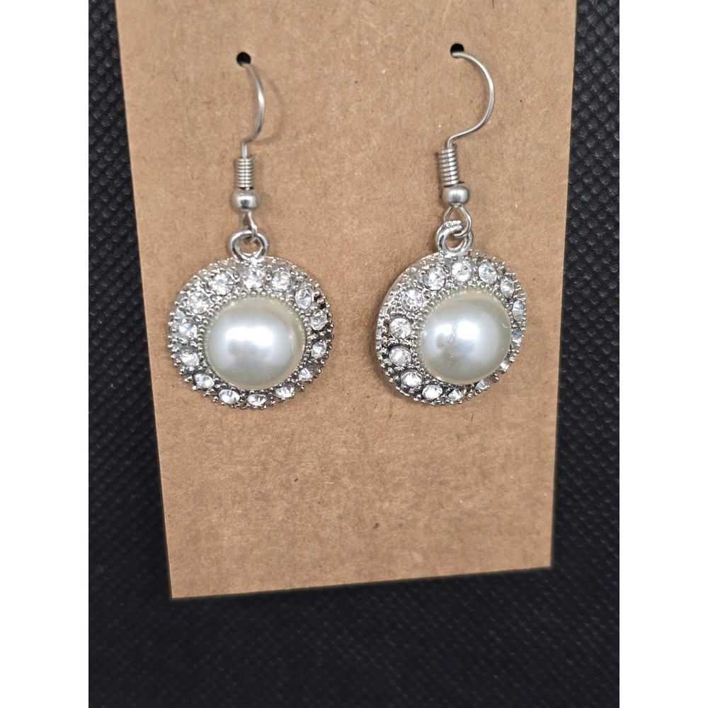 Silver Tone Faux Pearl Rhinestone Halo Round Dangle Drop Earrings Bridal Jewelry